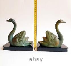 M. LEDUCQ (1879-1955) Bookends Sculpture Geese Swans Signed Art Deco Spelter