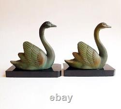 M. LEDUCQ (1879-1955) Bookends Sculpture Geese Swans Signed Art Deco Spelter