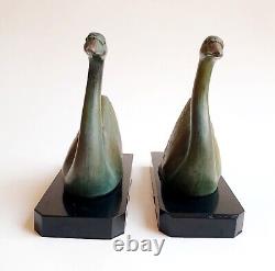 M. LEDUCQ (1879-1955) Bookends Sculpture Geese Swans Signed Art Deco Spelter