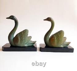 M. LEDUCQ (1879-1955) Bookends Sculpture Geese Swans Signed Art Deco Spelter