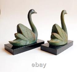 M. LEDUCQ (1879-1955) Bookends Sculpture Geese Swans Signed Art Deco Spelter