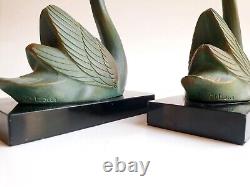 M. LEDUCQ (1879-1955) Bookends Sculpture Geese Swans Signed Art Deco Spelter