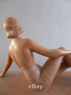 Magnificent Plaster Art Deco Signed S. Melani Woman In Swimsuit 1900
