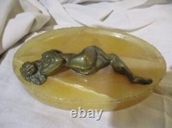 Marble Art Deco Ashtray with Nude Woman in Bronze, Signed by Joe Descomps
