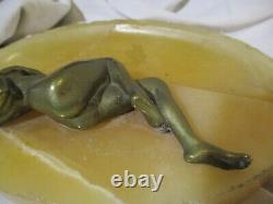 Marble Art Deco Ashtray with Nude Woman in Bronze, Signed by Joe Descomps