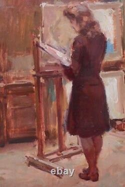 Maurice MAREELS (1893-1976) Female painter at easel studio palette Belgium