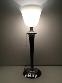 Mazda Signed Art Deco Walnut Desk Lamp And Aluminum Tulip Shade
