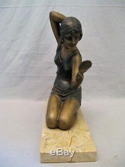 Metal Sculpture Signed Demeter Chiparus Woman In Mirror Art Deco Era
