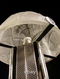 Morin & Degué Art Deco Lamp Iron Nickelé And Dome Glass Pressed Signed 1930