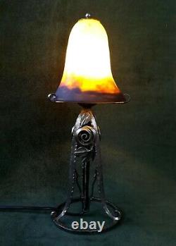 Muller Art Deco Lamp Wrought Iron Tulip Signed Glass Paste 1930 Nightlight