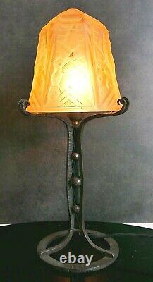 Muller Frères Lamp Art Deco Wrought Iron Shells Signed Glass Pressed Color 1930