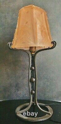 Muller Frères Lamp Art Deco Wrought Iron Shells Signed Glass Pressed Color 1930