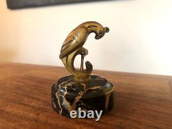 NICE SMALL BRONZE, MARBLE BASE STYLIZED BIRD signed BIZETTE, ART DECO