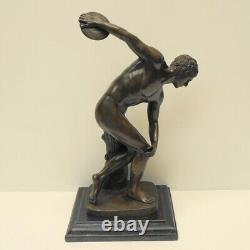 Nude Discus Thrower Statue in Art Deco Style, Solid Bronze, Signed