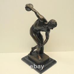 Nude Discus Thrower Statue in Art Deco Style, Solid Bronze, Signed