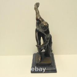 Nude Discus Thrower Statue in Art Deco Style, Solid Bronze, Signed