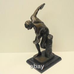 Nude Discus Thrower Statue in Art Deco Style, Solid Bronze, Signed