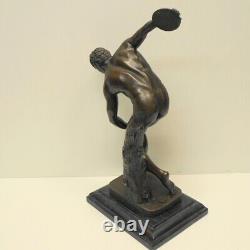 Nude Discus Thrower Statue in Art Deco Style, Solid Bronze, Signed