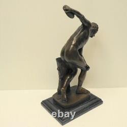 Nude Discus Thrower Statue in Art Deco Style, Solid Bronze, Signed