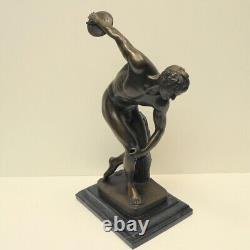 Nude Discus Thrower Statue in Art Deco Style, Solid Bronze, Signed