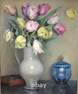 Oil Painting Still Life with Tulips signed Art Deco period early 20th century