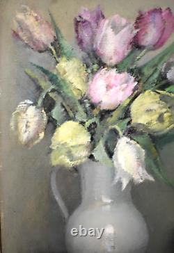 Oil Painting Still Life with Tulips signed Art Deco period early 20th century