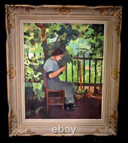 Oil painting of a girl at the sewing school of Rouen, Normandy, signed early 20th century