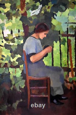 Oil painting of a girl at the sewing school of Rouen, Normandy, signed early 20th century