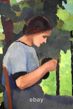 Oil painting of a girl at the sewing school of Rouen, Normandy, signed early 20th century