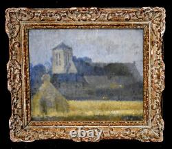 Oil painting of the church of La Saussaye, Rouen school, Normandy, signed early 20th century