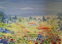 Oil painting on canvas signed (Jeanine Leumaire) flowery fields (20th-21st century)