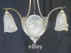 Old Art Deco Chandelier In Pressed Glass Signed Gilles