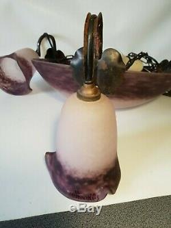 Old Chandelier With Basin And Three Tulips Paste Of Glass, Signed Rethondes