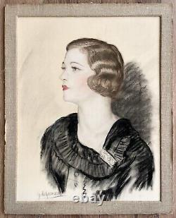 Old Drawing Pastel Art Deco Gaetano De Gennaro Portrait Beautiful Woman Fashion 1930