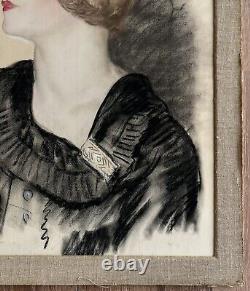 Old Drawing Pastel Art Deco Gaetano De Gennaro Portrait Beautiful Woman Fashion 1930