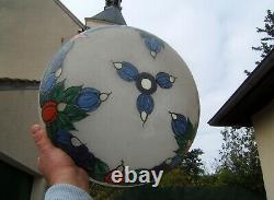 Old Large Ceiling In Frosted Glass Enamelled Art Deco Flowers Signed Doriz