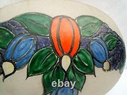 Old Large Ceiling In Frosted Glass Enamelled Art Deco Flowers Signed Doriz