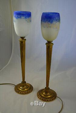 Old Pair Of Lamp In Bronze And Glass Paste Sign Degue Dlg Daum Galle