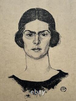 Old Romanian Engraving Art Deco Portrait of a Woman Monogram EP circa 1925