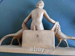 Old Sculpture Art Decoration Woman With Pheasants Signed Terracotta Patina