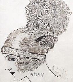 Original Art Deco Drawing: Portrait of a Fashionable Woman with a Headband and Pearl Necklace, Signed and Framed.