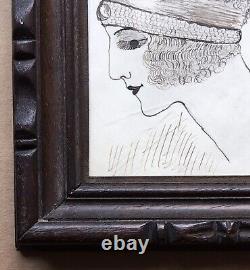 Original Art Deco Drawing: Portrait of a Fashionable Woman with a Headband and Pearl Necklace, Signed and Framed.