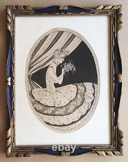 Original Art Deco Engraving: Elegant Woman Portrait in Fashionable Dress with Flowers, Signed and Framed.
