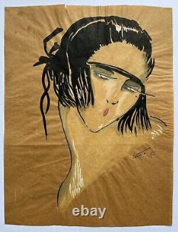 Original Art Deco Ink Drawing Stylized Portrait of a Woman's Face Fashion Signed 1920s