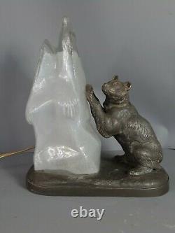 Original Art Deco Lamp Bear Against A Glass Iceberg, Signed T. Cartier Sb