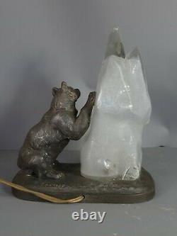 Original Art Deco Lamp Bear Against A Glass Iceberg, Signed T. Cartier Sb