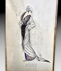 Original Drawing Gouache Fashion Dress Art Deco Fur 1925 Barbier