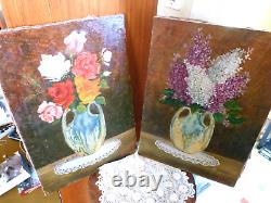 PAIR of PAINTINGS HST FLOWERS in a VASE 1950s