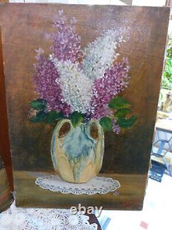 PAIR of PAINTINGS HST FLOWERS in a VASE 1950s