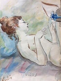Painting Old Art Deco Marcel Vertes Watercolor Lying Naked Eroticism Erotica